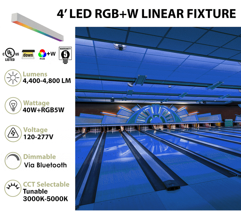 4FT LED RGBW Linear Fixture, 4800 Lumen Max, 40W, CCT Selectable, 120-277V, Black or White Finish