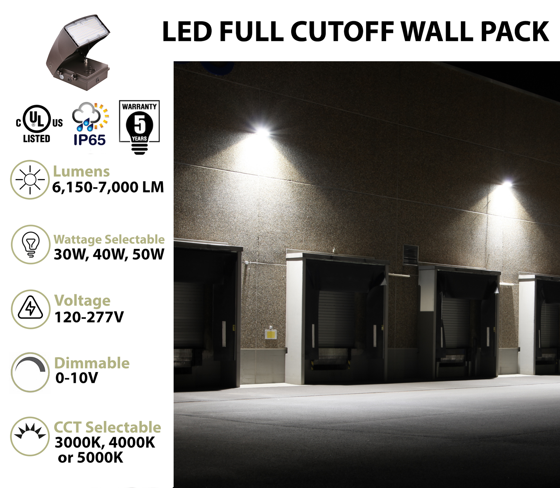 LED Adjustable Wall Pack, 7000 Lumen Max, Wattage and CCT Selectable, Integrated Photocell, 120-277V, Bronze Finish