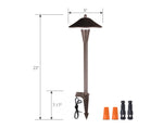 Bronze outdoor pathway lighting with labels on it in a white background