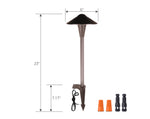 Bronze outdoor pathway light with dimension labels in a white background