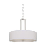 A modern drum pendant light with a white fabric drum shade and a silver-toned metal frame and chain, shown against a plain white background.
