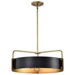 Modern pendant light with black shade and gold accents on a white background