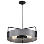 A modern semi-flush mount ceiling light fixture with a matte black suspension rod, canopy, and side brackets, a wide matte gray circular shade, and three visible warm Edison-style bulbs.