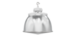 Industrial-style white high bay pendant light with polished metallic dome and mounting hardware for commercial use