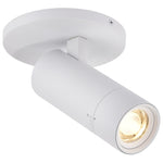 A modern white ceiling track spotlight with a cylindrical head and adjustable mounting bracket, shown illuminated against a plain white background.