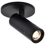 A modern matte black track spotlight ceiling light with a cylindrical head and circular ceiling mount, shown illuminated against a white background.