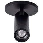 A modern matte black cylindrical spotlight ceiling fixture with a circular mounting plate, shown against a solid white background.