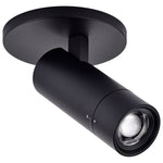 A matte black cylindrical track spotlight with a circular ceiling mount, shown at an angle against a solid white background.