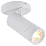 A modern white cylindrical track spotlight with a circular ceiling mount, shown illuminated against a plain white background.