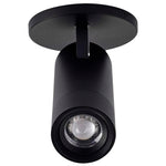 A modern matte black cylindrical ceiling spotlight with a circular mounting plate, shown against a solid white background.