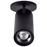 A modern matte black cylindrical spotlight ceiling fixture with a circular mounting plate, shown against a solid white background.