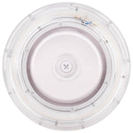 Bottom view of a white LED canopy light in a white background.