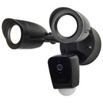 Black outdoor security camera with light on a white background
