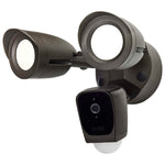 Outdoor security camera with dual light fixtures on a white background