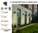 Black 6 inch led architectural outdoor wall mount cylinder light with sleek modern design and selectable cct white finish