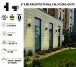 6" LED Architectural Outdoor Wall Mount Cylinder Light, 5500 Lumens, 50W Direct/Indirect, CCT Selectable, 120-277V, White
