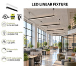 LED linear ceiling fixture shown installed in a modern office interior, with product specs listed on the left including lumens, wattage, voltage, dimmability, and CCT.