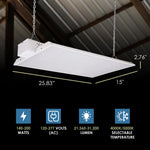 White rectangular led panel light with sleek modern design and chain suspension for sensor ready high bay lighting
