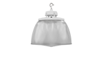 Static LED UFO high bay light with white finish, ribbed translucent glass dome, metal mount, 22,500 lumens 150 watt