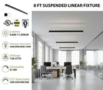 8 FT LED Direct/Indirect Suspended Linear Fixture, 4" Wide, 11,500 Lumen Max, Wattage and CCT Selectable, 120-277V, White or Black Finish