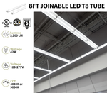 10PK 8FT Joinable LED T8 Tube Light, Type A+B, Double End Power, 5200 Lumens, 42W, 5000K, 120-277V
