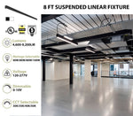 8 FT LED Direct/Indirect Suspended Linear Fixture, 2" Wide, 9200 Lumen Max, Wattage and CCT Selectable, 120-277V, White or Black Finish