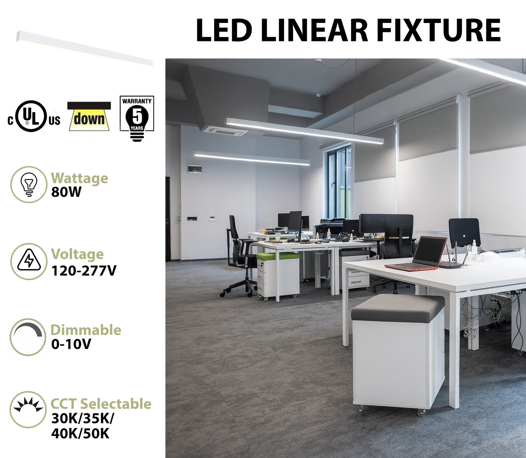 8 FT LED Linear Fixture, 8800 Lumens, 80W, CCT Selectable, 120-277V, White Finish, Canopy Kit Included