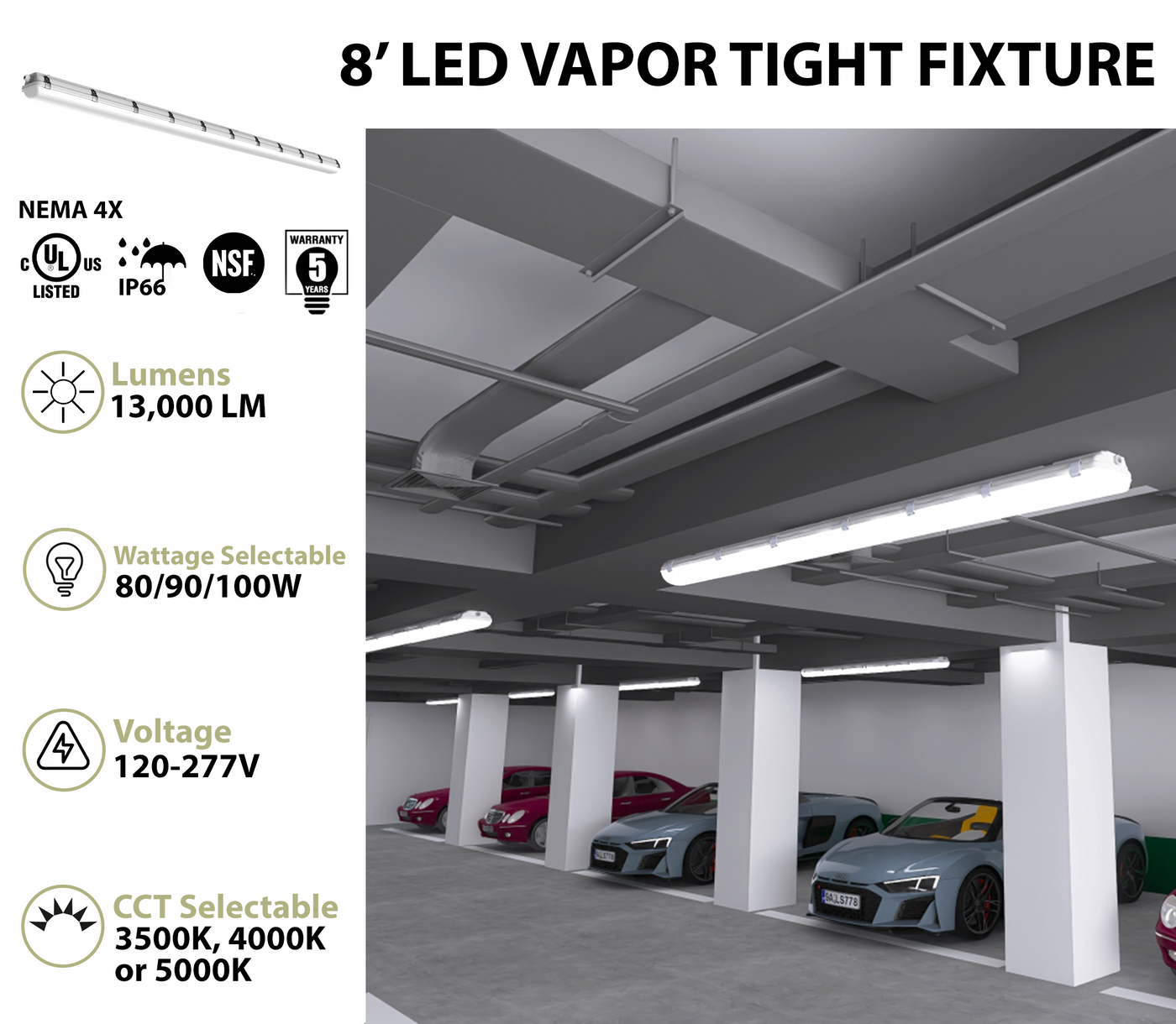 8FT LED Vapor Tight Fixture, 13000 Lumen Max, CCT and Wattage Selectable, 120-277V