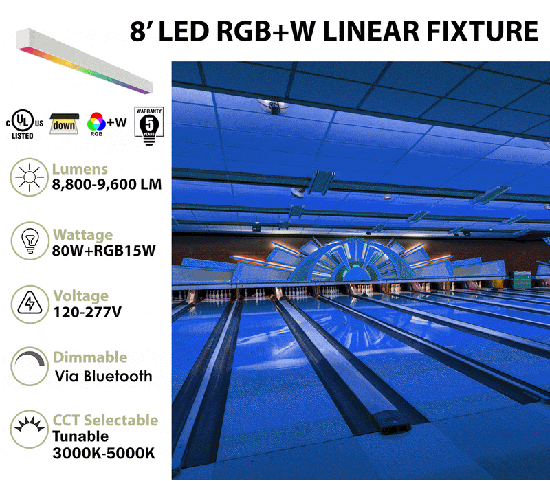 8FT LED RGBW Linear Fixture, 9600 Lumen Max, 80W, CCT Selectable, 120-277V, Black or White Finish