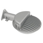 Gray aluminum dusk to dawn security light with circular ribbed lamp housing and mounting bracket for outdoor use