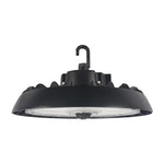 Black round UFO LED high bay light with hook mount, finned die-cast housing, and clear lens, angled view