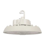 White round UFO LED high bay light with hook mount, finned die-cast housing, and side-mounted driver box, angled view