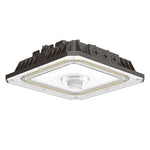 Black led slim canopy light with square heat-dissipating design and integrated motion sensor in 15,000 lumen max