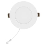 White 8 inch led fire rated disk light with matte finish and dark brown mounting tabs for recessed lighting