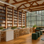 Wooden bookshelves with warm natural finish alongside 8 ft gray acoustic linear direct indirect led fixture