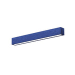 Blue rectangular wall-mounted acoustic linear light fixture with textured surface and sleek black trim for direct indirect use