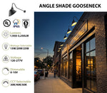 Angle Shade Gooseneck LED barn light in black, shown mounted on a brick storefront at dusk. UL listed, IP65, 5-year warranty. 1,950–3,250 lumens, selectable 15W/20W/25W, 120–277V, 0–10V dimmable, selectable 3000K/4000K/5000K CCT