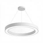 A modern white circular LED pendant light suspended by thin cables from a matching round ceiling canopy, shown against a solid white background.
