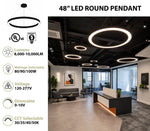 48" LED Round Direct/Indirect Pendant Light, 10,000 Lumen Max, Wattage and CCT Selectable, 120-277V, Black Finish