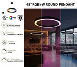 48 inch led rgbw round pendant light with sleek black ring and rgbw color changing led illumination