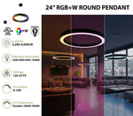 24" LED RGBW Round Suspended Fixture, 4000 Lumen Max, Wattage and CCT Selectable, 120-277V, White or Black Finish