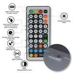 Gray remote control with colorful buttons for dimming and adjusting color temperature of led flat panel lighting features