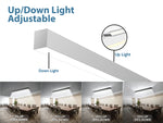 A sleek white 4 ft led suspended linear fixture with adjustable up down lighting and selectable wattage and cct