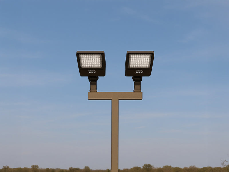 20 ft 4 Inch Square Area Lighting Pole With Dual Head LED 150W Slim Line Fixture (400W+ MH or HID Equivalent), And Bullhorn with 2 Tenons