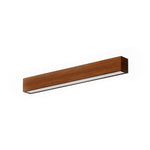 Modern rectangular wall-mounted suspended linear fixture with warm brown wood-grain finish and minimalist design