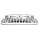 A modern, rectangular high-bay LED warehouse light fixture with a white and gray ribbed metal housing, featuring a central shield emblem with a cross symbol, shown against a plain white background.