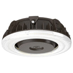 A circular industrial LED light fixture with a dark brown metal housing and a white ribbed diffuser ring, shown against a plain white background.