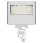 A square white outdoor LED wall light fixture with a mounting bracket and threaded base, shown against a solid white background.