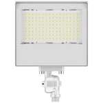 A white rectangular LED floodlight with a grid of small yellow-gold LED chips on the front, mounted on a white adjustable bracket with a threaded base, shown against a plain white background.