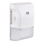 A white wall-mounted dispenser with a clear ribbed lower section, shown on a plain white background.